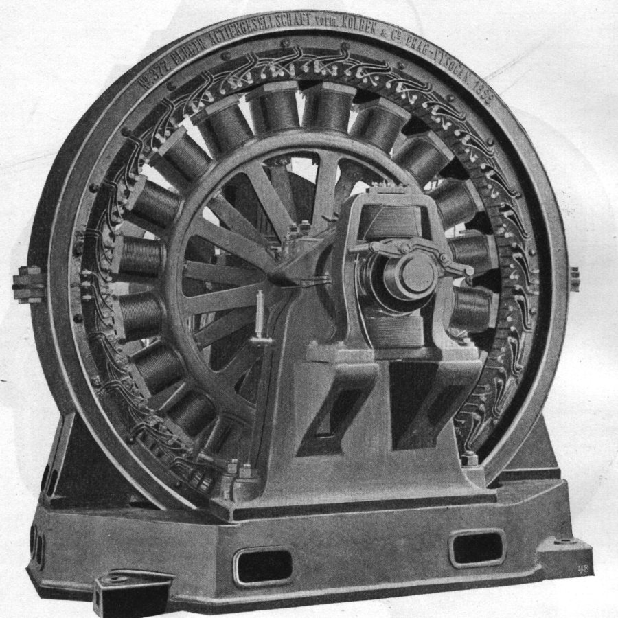 1899 tarihli dev volanlı elektrik makinesi gravürü