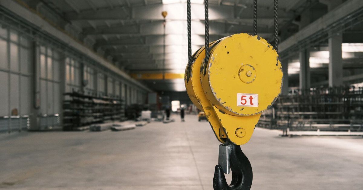 Fabrika içinde asılı vinç kancası ve makara